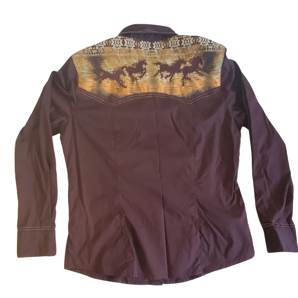 Vintage Brown Reba Beaded Western Rodeo Horses Button Down Long Sleeve Shirt Med - Picture 2 of 12